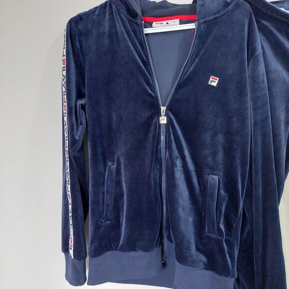 Vintage Navy Blue FILA Velour Tracksuit, Hooded Jacket and Pants Set, M/S - Picture 2 of 13